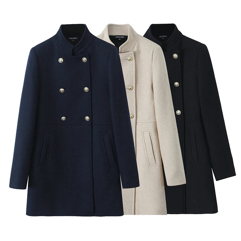 Vintage High Neck Long Sleeve Women Coat